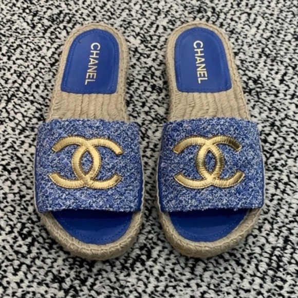 CHANEL Shoes - Chanel 24P CC Tweed Blue and Gold Interlocking Espadrille Sandals Size 37